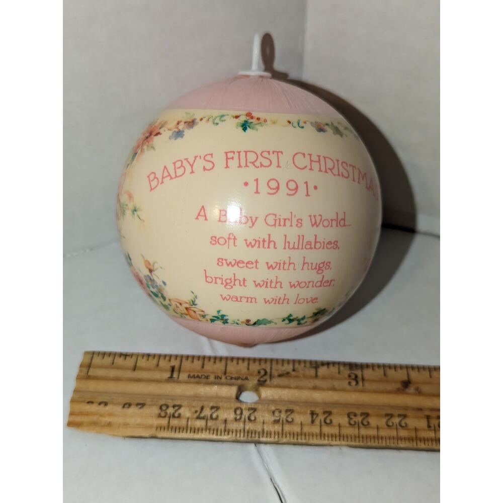 Vintage 1991 Baby's First Christmas Hallmark Satin Ball ornament Girl Box Rare - Picture 7 of 13